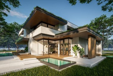 Otoparkı ve havuzu satılık ya da kiralık iki katlı evin beton cepheli ve arka planda güzel bir peyzajı var. Mavi gökyüzü açık güneşli bir yaz günü.