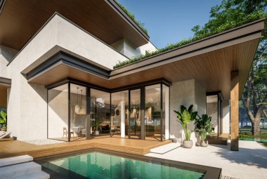 Otoparkı ve havuzu satılık ya da kiralık iki katlı evin beton cepheli ve arka planda güzel bir peyzajı var. Mavi gökyüzü açık güneşli bir yaz günü.