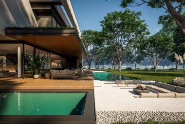 Otoparkı ve havuzu satılık ya da kiralık iki katlı evin beton cepheli ve arka planda güzel bir peyzajı var. Mavi gökyüzü açık güneşli bir yaz günü.