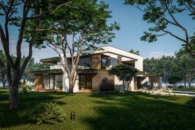 Otoparkı ve havuzu satılık ya da kiralık iki katlı evin beton cepheli ve arka planda güzel bir peyzajı var. Mavi gökyüzü açık güneşli bir yaz günü.