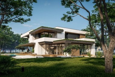 Otoparkı ve havuzu satılık ya da kiralık iki katlı evin beton cepheli ve arka planda güzel bir peyzajı var. Mavi gökyüzü açık güneşli bir yaz günü.