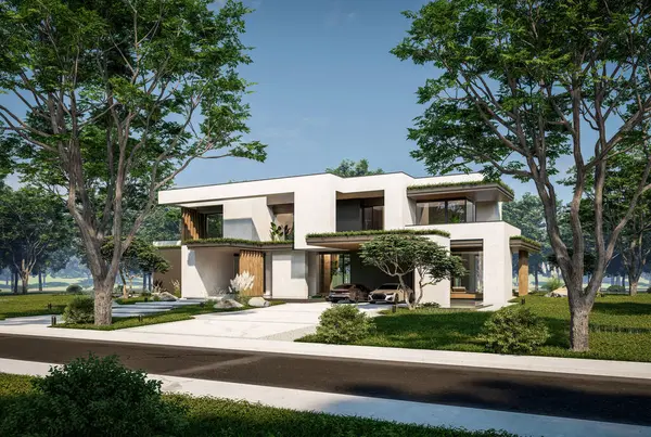 Otoparkı ve havuzu satılık ya da kiralık iki katlı evin beton cepheli ve arka planda güzel bir peyzajı var. Mavi gökyüzü açık güneşli bir yaz günü.