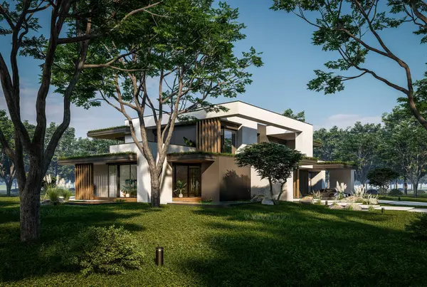 Otoparkı ve havuzu satılık ya da kiralık iki katlı evin beton cepheli ve arka planda güzel bir peyzajı var. Mavi gökyüzü açık güneşli bir yaz günü.