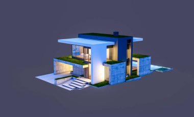 Otoparkı ve havuzu satılık ya da kiralık, beton cepheli ve arka planda güzel peyzajlı üç boyutlu çatı evi. Gece karanlığında izole