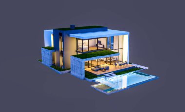 Otoparkı ve havuzu satılık ya da kiralık, beton cepheli ve arka planda güzel peyzajlı üç boyutlu çatı evi. Gece karanlığında izole