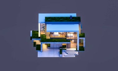 Otoparkı ve havuzu satılık ya da kiralık, beton cepheli ve arka planda güzel peyzajlı üç boyutlu çatı evi. Gece karanlığında izole