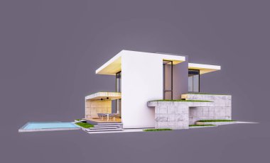 Otoparkı ve havuzu satılık ya da kiralık, beton cepheli ve arka planda güzel peyzajlı üç boyutlu çatı evi. Akşamları. Gri renkte izole edilmiş