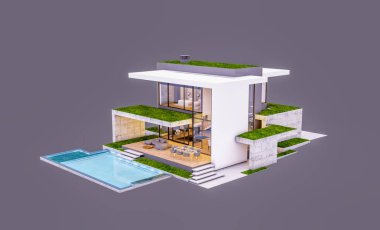 Otoparkı ve havuzu satılık ya da kiralık, beton cepheli ve arka planda güzel peyzajlı üç boyutlu çatı evi. Akşamları. Gri renkte izole edilmiş