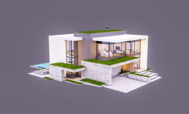 Otoparkı ve havuzu satılık ya da kiralık, beton cepheli ve arka planda güzel peyzajlı üç boyutlu çatı evi. Akşamları. Gri renkte izole edilmiş