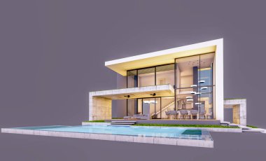 Otoparkı ve havuzu satılık ya da kiralık, beton cepheli ve arka planda güzel peyzajlı üç boyutlu çatı evi. Akşamları. Gri renkte izole edilmiş