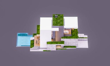 Otoparkı ve havuzu satılık ya da kiralık, beton cepheli ve arka planda güzel peyzajlı üç boyutlu çatı evi. Akşamları. Gri renkte izole edilmiş