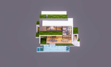 Otoparkı ve havuzu satılık ya da kiralık, beton cepheli ve arka planda güzel peyzajlı üç boyutlu çatı evi. Akşamları. Gri renkte izole edilmiş