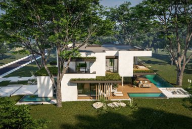 Otoparkı ve havuzu satılık ya da kiralık iki katlı evin beton cepheli ve arka planda güzel bir peyzajı var. Mavi gökyüzü açık güneşli bir yaz günü.