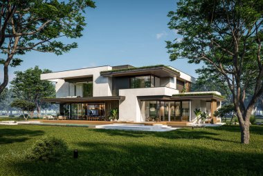 Otoparkı ve havuzu satılık ya da kiralık iki katlı evin beton cepheli ve arka planda güzel bir peyzajı var. Mavi gökyüzü açık güneşli bir yaz günü.