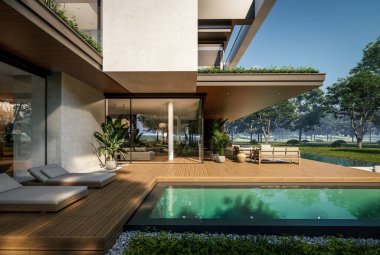 Otoparkı ve havuzu satılık ya da kiralık iki katlı evin beton cepheli ve arka planda güzel bir peyzajı var. Mavi gökyüzü açık güneşli bir yaz günü.