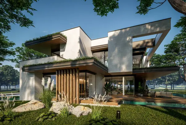 Otoparkı ve havuzu satılık ya da kiralık iki katlı evin beton cepheli ve arka planda güzel bir peyzajı var. Mavi gökyüzü açık güneşli bir yaz günü.