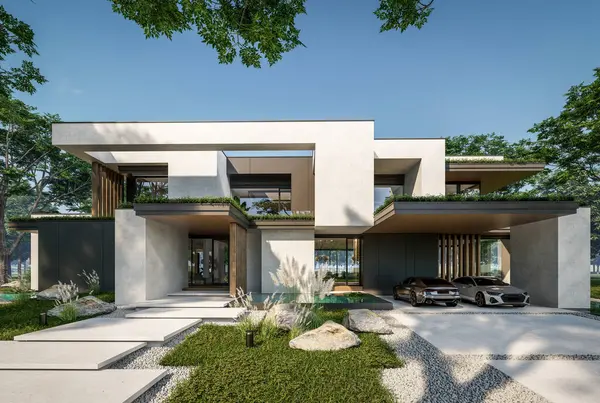 Otoparkı ve havuzu satılık ya da kiralık iki katlı evin beton cepheli ve arka planda güzel bir peyzajı var. Mavi gökyüzü açık güneşli bir yaz günü.