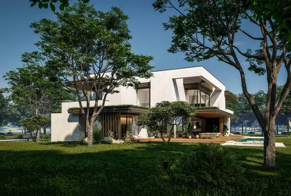 Otoparkı ve havuzu satılık ya da kiralık iki katlı evin beton cepheli ve arka planda güzel bir peyzajı var. Mavi gökyüzü açık güneşli bir yaz günü.