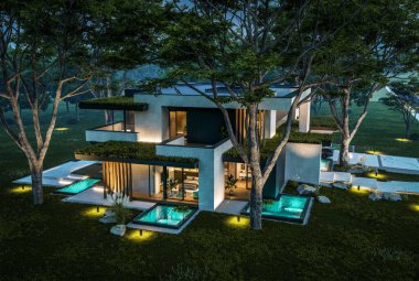 Park yeri ve havuzu satılık olan üç katlı bir ev. Ya da beton dış görünüş ve güzel peyzaj ile kiralanmış. Gökyüzünde bir sürü yıldızla berrak bir yaz gecesi