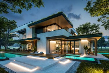 Park yeri ve havuzu satılık olan üç katlı bir ev. Ya da beton dış görünüş ve güzel peyzaj ile kiralanmış. Gökyüzünde bir sürü yıldızla berrak bir yaz gecesi