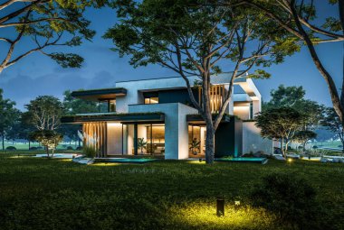 Park yeri ve havuzu satılık olan üç katlı bir ev. Ya da beton dış görünüş ve güzel peyzaj ile kiralanmış. Gökyüzünde bir sürü yıldızla berrak bir yaz gecesi