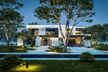 Park yeri ve havuzu satılık olan üç katlı bir ev. Ya da beton dış görünüş ve güzel peyzaj ile kiralanmış. Gökyüzünde bir sürü yıldızla berrak bir yaz gecesi