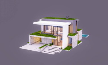 Otoparkı ve havuzu satılık ya da kiralık, beton cepheli ve arka planda güzel peyzajlı üç boyutlu çatı evi. Akşamları. Gri renkte izole edilmiş