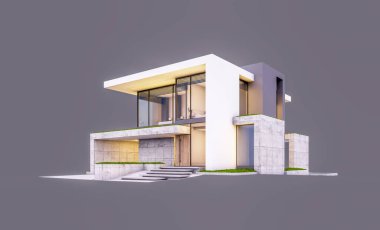 Otoparkı ve havuzu satılık ya da kiralık, beton cepheli ve arka planda güzel peyzajlı üç boyutlu çatı evi. Akşamları. Gri renkte izole edilmiş