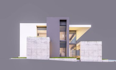 Otoparkı ve havuzu satılık ya da kiralık, beton cepheli ve arka planda güzel peyzajlı üç boyutlu çatı evi. Akşamları. Gri renkte izole edilmiş