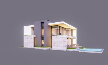 Otoparkı ve havuzu satılık ya da kiralık, beton cepheli ve arka planda güzel peyzajlı üç boyutlu çatı evi. Akşamları. Gri renkte izole edilmiş