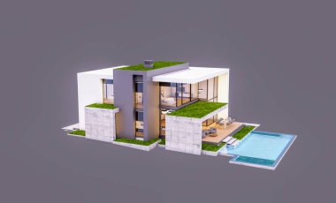 Otoparkı ve havuzu satılık ya da kiralık, beton cepheli ve arka planda güzel peyzajlı üç boyutlu çatı evi. Akşamları. Gri renkte izole edilmiş