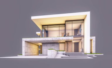 Otoparkı ve havuzu satılık ya da kiralık, beton cepheli ve arka planda güzel peyzajlı üç boyutlu çatı evi. Akşamları. Gri renkte izole edilmiş