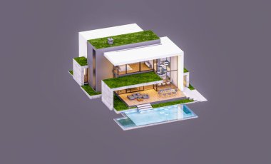 Otoparkı ve havuzu satılık ya da kiralık, beton cepheli ve arka planda güzel peyzajlı üç boyutlu çatı evi. Akşamları. Gri renkte izole edilmiş