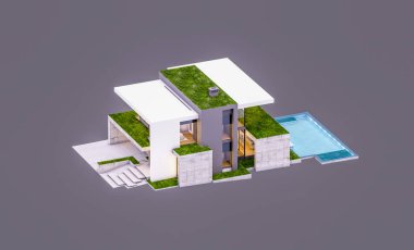 Otoparkı ve havuzu satılık ya da kiralık, beton cepheli ve arka planda güzel peyzajlı üç boyutlu çatı evi. Akşamları. Gri renkte izole edilmiş