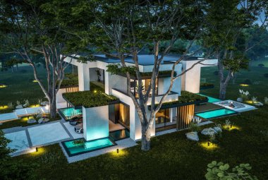 Park yeri ve havuzu satılık olan üç katlı bir ev. Ya da beton dış görünüş ve güzel peyzaj ile kiralanmış. Gökyüzünde bir sürü yıldızla berrak bir yaz gecesi