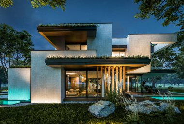 Park yeri ve havuzu satılık olan üç katlı bir ev. Ya da beton dış görünüş ve güzel peyzaj ile kiralanmış. Gökyüzünde bir sürü yıldızla berrak bir yaz gecesi