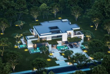 Park yeri ve havuzu satılık olan üç katlı bir ev. Ya da beton dış görünüş ve güzel peyzaj ile kiralanmış. Gökyüzünde bir sürü yıldızla berrak bir yaz gecesi