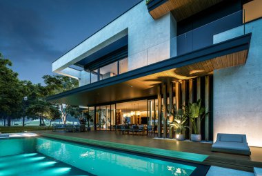 Park yeri ve havuzu satılık olan üç katlı bir ev. Ya da beton dış görünüş ve güzel peyzaj ile kiralanmış. Gökyüzünde bir sürü yıldızla berrak bir yaz gecesi