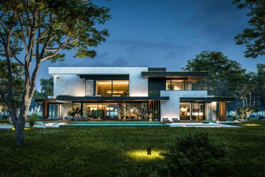 Park yeri ve havuzu satılık olan üç katlı bir ev. Ya da beton dış görünüş ve güzel peyzaj ile kiralanmış. Gökyüzünde bir sürü yıldızla berrak bir yaz gecesi