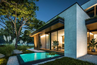 Park yeri ve havuzu satılık olan üç katlı bir ev. Ya da beton dış görünüş ve güzel peyzaj ile kiralanmış. Gökyüzünde bir sürü yıldızla berrak bir yaz gecesi