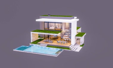 Otoparkı ve havuzu satılık ya da kiralık, beton cepheli ve arka planda güzel peyzajlı üç boyutlu çatı evi. Akşamları. Gri renkte izole edilmiş