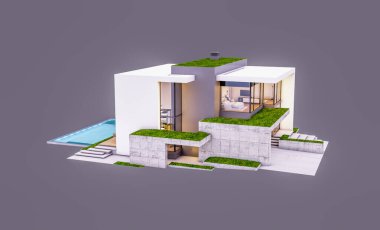 Otoparkı ve havuzu satılık ya da kiralık, beton cepheli ve arka planda güzel peyzajlı üç boyutlu çatı evi. Akşamları. Gri renkte izole edilmiş