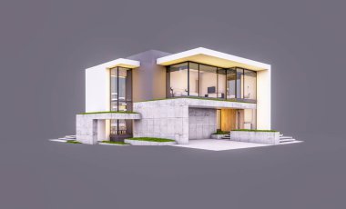 Otoparkı ve havuzu satılık ya da kiralık, beton cepheli ve arka planda güzel peyzajlı üç boyutlu çatı evi. Akşamları. Gri renkte izole edilmiş