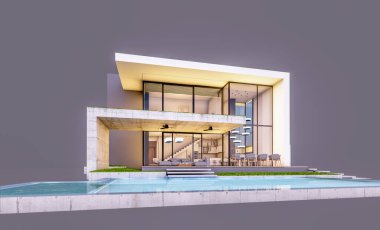 Otoparkı ve havuzu satılık ya da kiralık, beton cepheli ve arka planda güzel peyzajlı üç boyutlu çatı evi. Akşamları. Gri renkte izole edilmiş