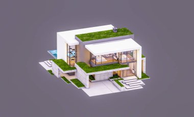 Otoparkı ve havuzu satılık ya da kiralık, beton cepheli ve arka planda güzel peyzajlı üç boyutlu çatı evi. Akşamları. Gri renkte izole edilmiş