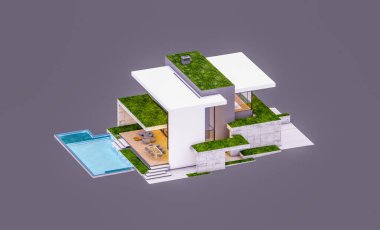 Otoparkı ve havuzu satılık ya da kiralık, beton cepheli ve arka planda güzel peyzajlı üç boyutlu çatı evi. Akşamları. Gri renkte izole edilmiş