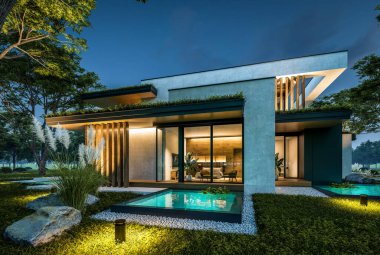 Park yeri ve havuzu satılık olan üç katlı bir ev. Ya da beton dış görünüş ve güzel peyzaj ile kiralanmış. Gökyüzünde bir sürü yıldızla berrak bir yaz gecesi