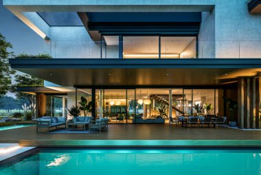 Park yeri ve havuzu satılık olan üç katlı bir ev. Ya da beton dış görünüş ve güzel peyzaj ile kiralanmış. Gökyüzünde bir sürü yıldızla berrak bir yaz gecesi