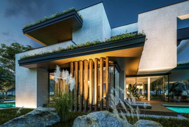 Park yeri ve havuzu satılık olan üç katlı bir ev. Ya da beton dış görünüş ve güzel peyzaj ile kiralanmış. Gökyüzünde bir sürü yıldızla berrak bir yaz gecesi