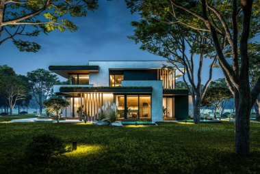 Park yeri ve havuzu satılık olan üç katlı bir ev. Ya da beton dış görünüş ve güzel peyzaj ile kiralanmış. Gökyüzünde bir sürü yıldızla berrak bir yaz gecesi